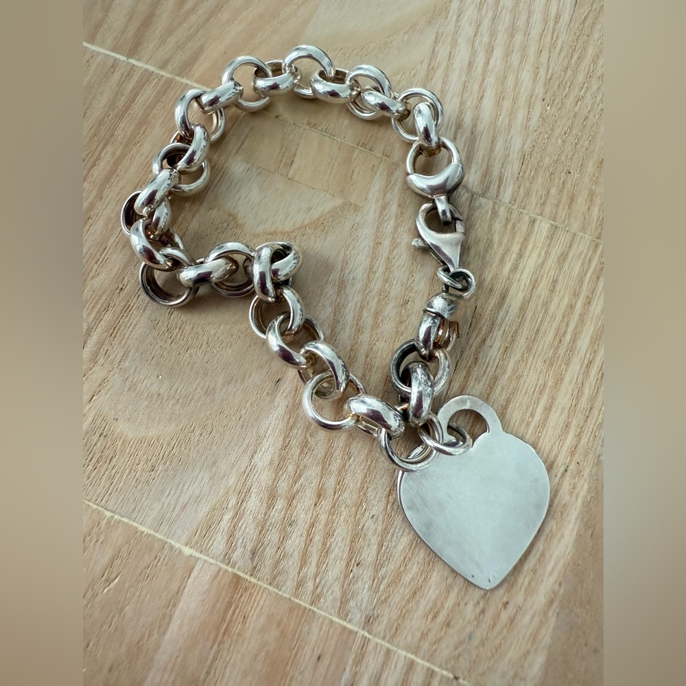 Italy 925 Sterling silver puffy rolo link heart charm bracelet